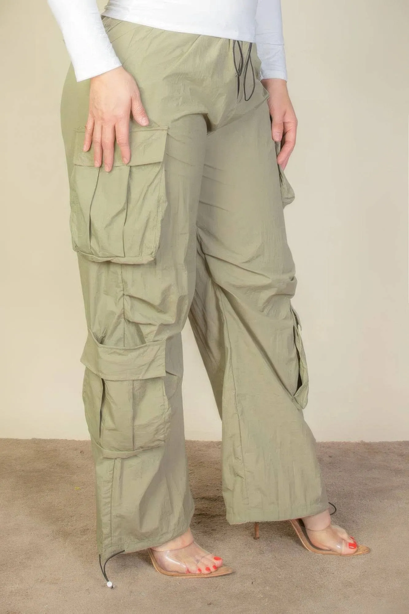 Voluptuous ( ) Plus Size Flap Pockets Drawstring Ruched Parachute Pants