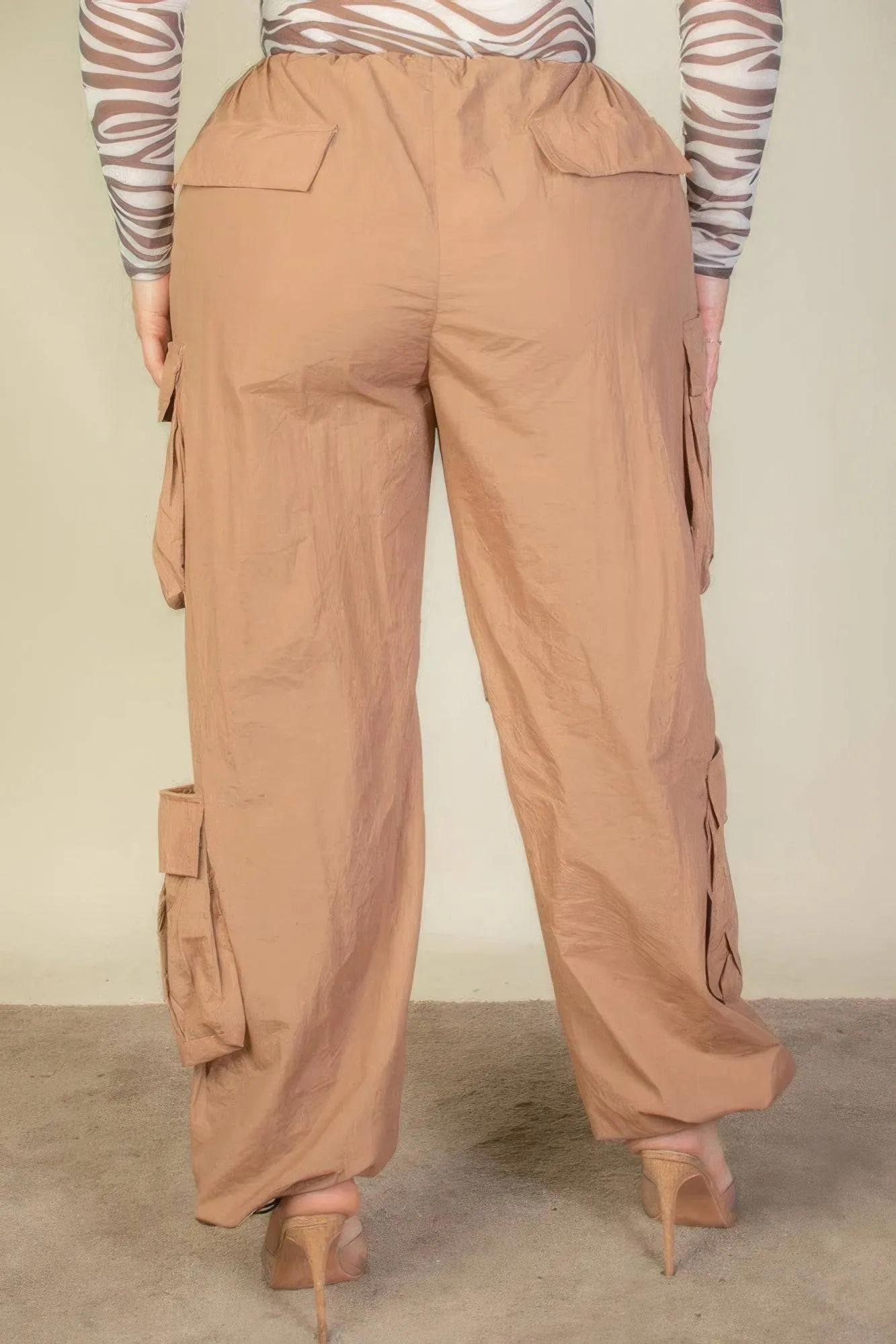 Voluptuous ( ) Plus Size Flap Pockets Drawstring Ruched Parachute Pants