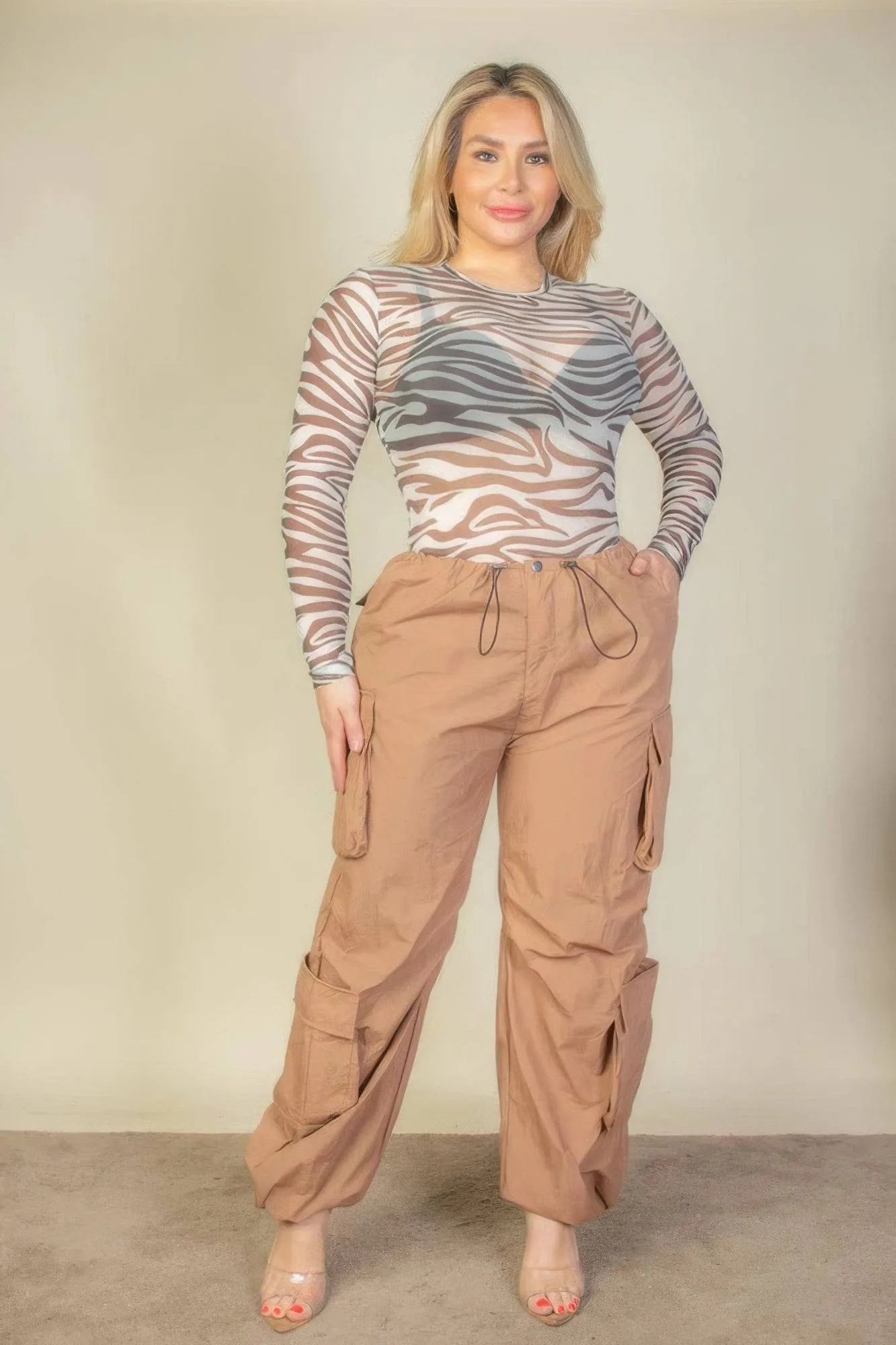 Voluptuous ( ) Plus Size Flap Pockets Drawstring Ruched Parachute Pants