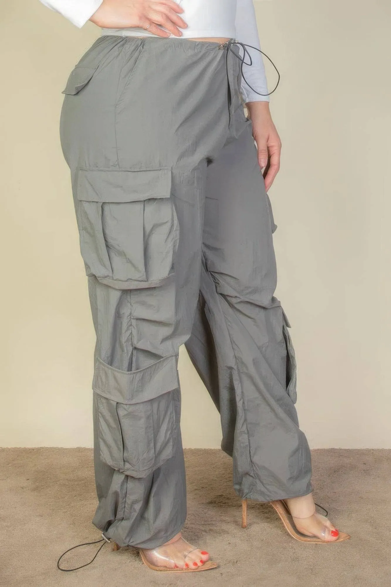 Voluptuous ( ) Plus Size Flap Pockets Drawstring Ruched Parachute Pants