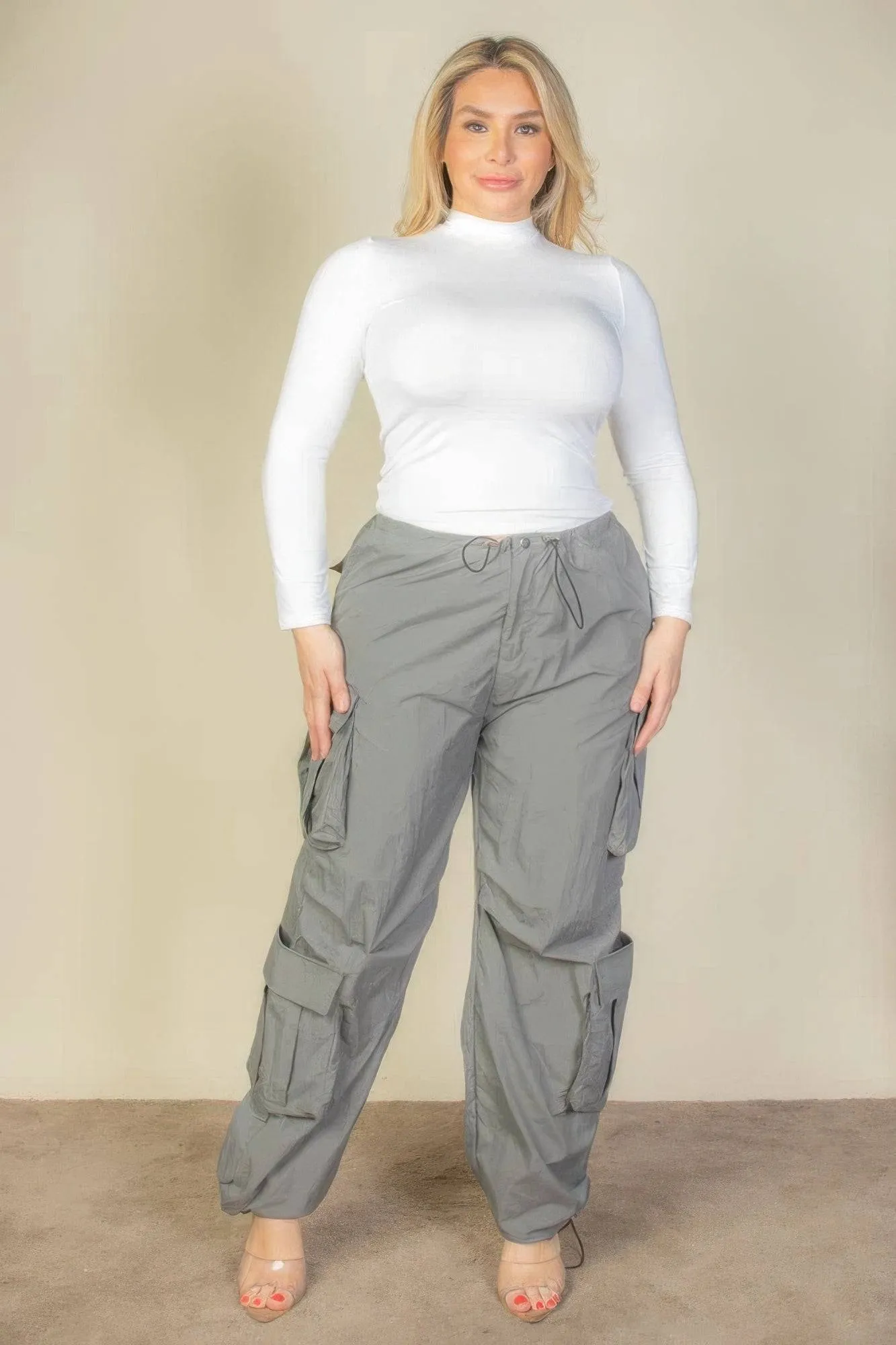 Voluptuous ( ) Plus Size Flap Pockets Drawstring Ruched Parachute Pants