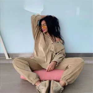 Wenkouban Women's Tracksuit Corduroy  Pinstripe Single-Breasted Pocket Tops And Pants Women Suits
