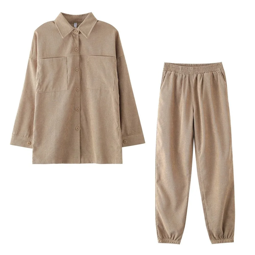 Wenkouban Women's Tracksuit Corduroy  Pinstripe Single-Breasted Pocket Tops And Pants Women Suits