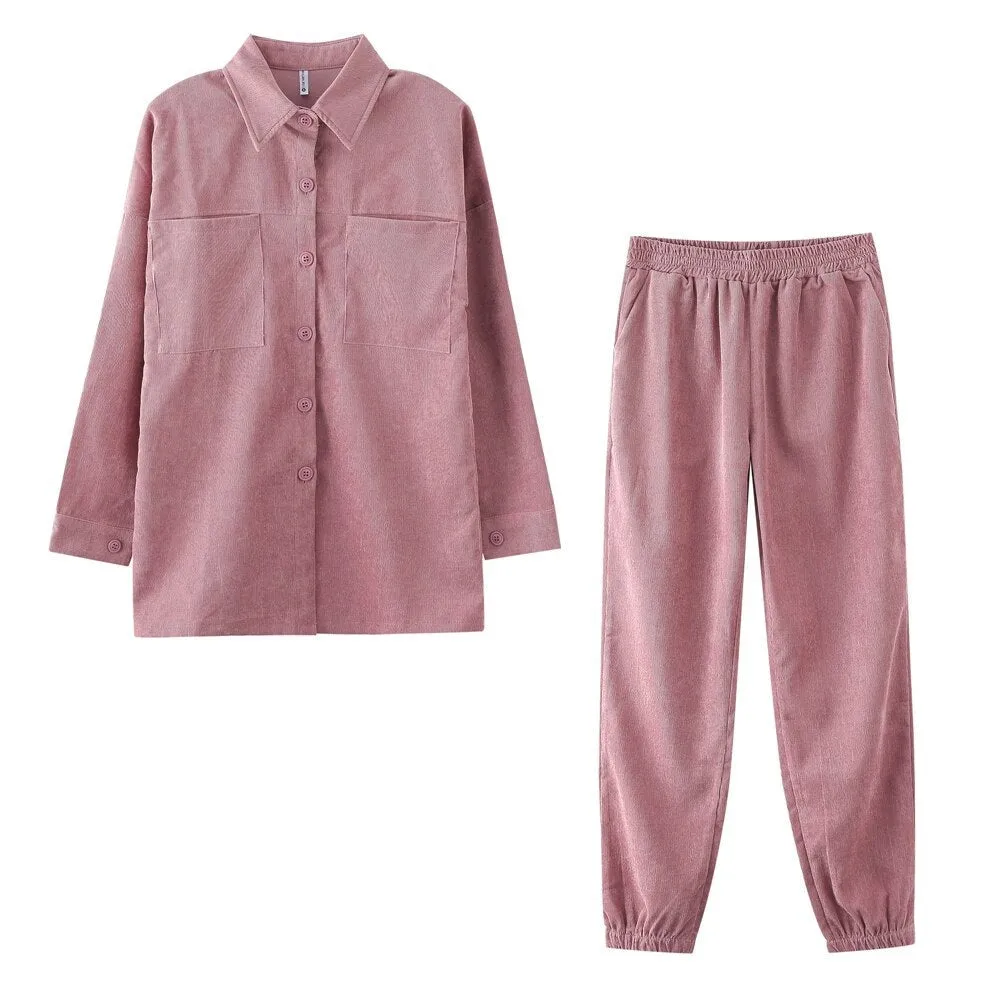 Wenkouban Women's Tracksuit Corduroy  Pinstripe Single-Breasted Pocket Tops And Pants Women Suits