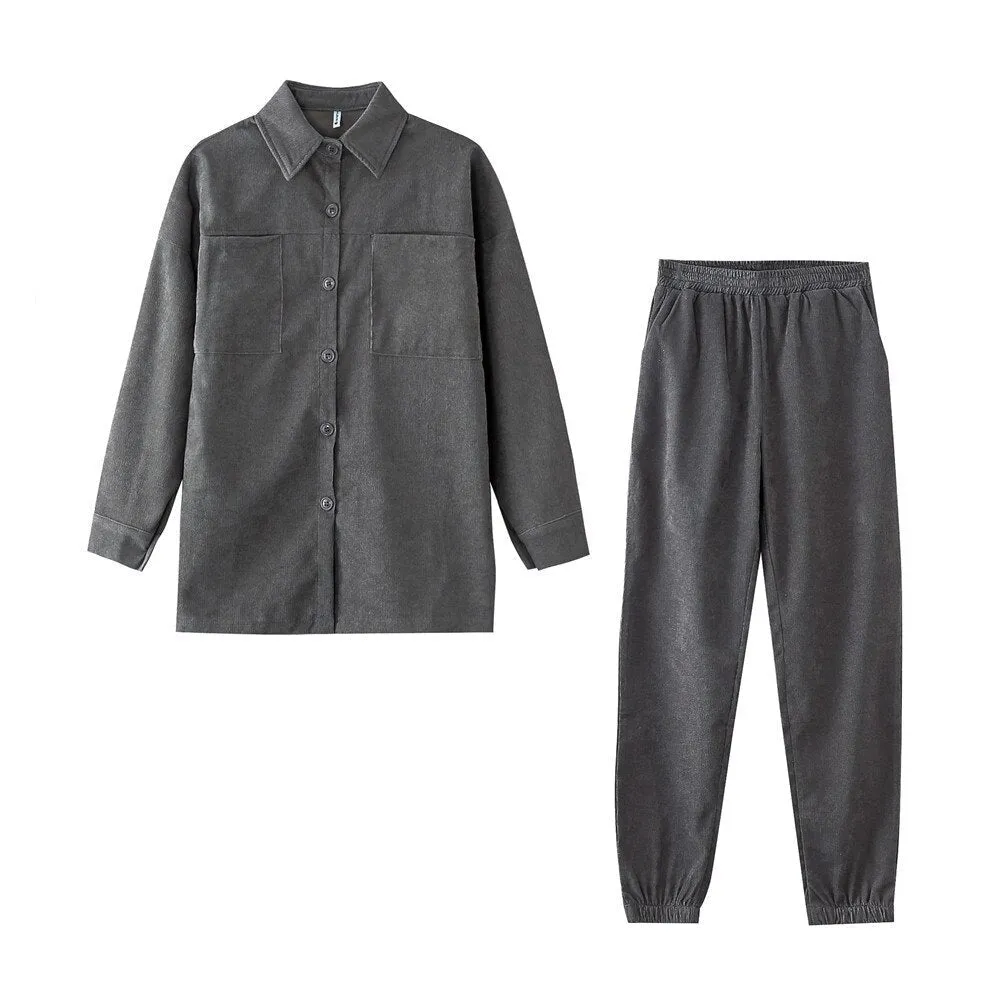 Wenkouban Women's Tracksuit Corduroy  Pinstripe Single-Breasted Pocket Tops And Pants Women Suits