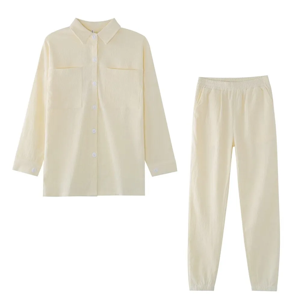 Wenkouban Women's Tracksuit Corduroy  Pinstripe Single-Breasted Pocket Tops And Pants Women Suits