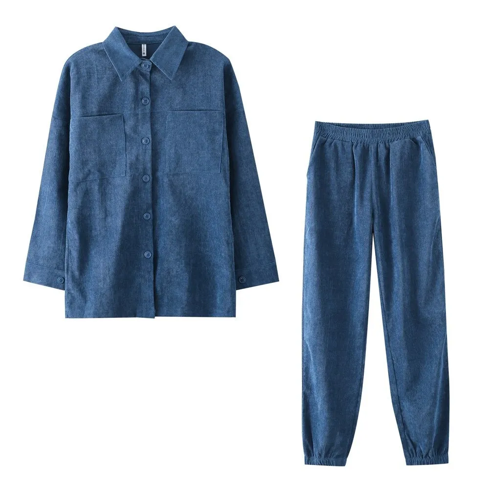 Wenkouban Women's Tracksuit Corduroy  Pinstripe Single-Breasted Pocket Tops And Pants Women Suits