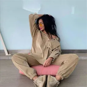 Wenkouban Women's Tracksuit Corduroy  Pinstripe Single-Breasted Pocket Tops And Pants Women Suits