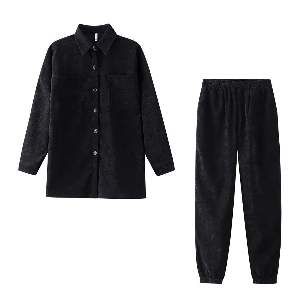 Wenkouban Women's Tracksuit Corduroy  Pinstripe Single-Breasted Pocket Tops And Pants Women Suits