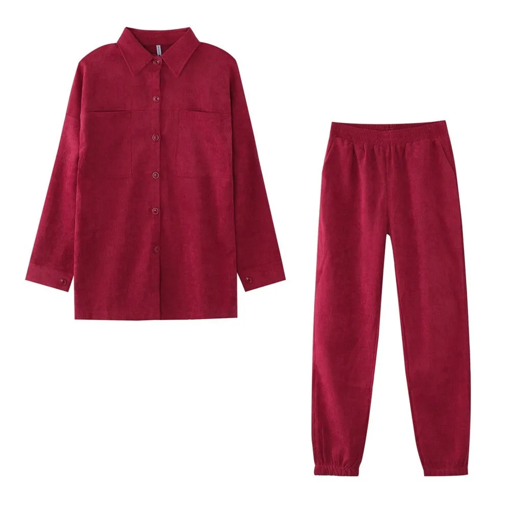 Wenkouban Women's Tracksuit Corduroy  Pinstripe Single-Breasted Pocket Tops And Pants Women Suits