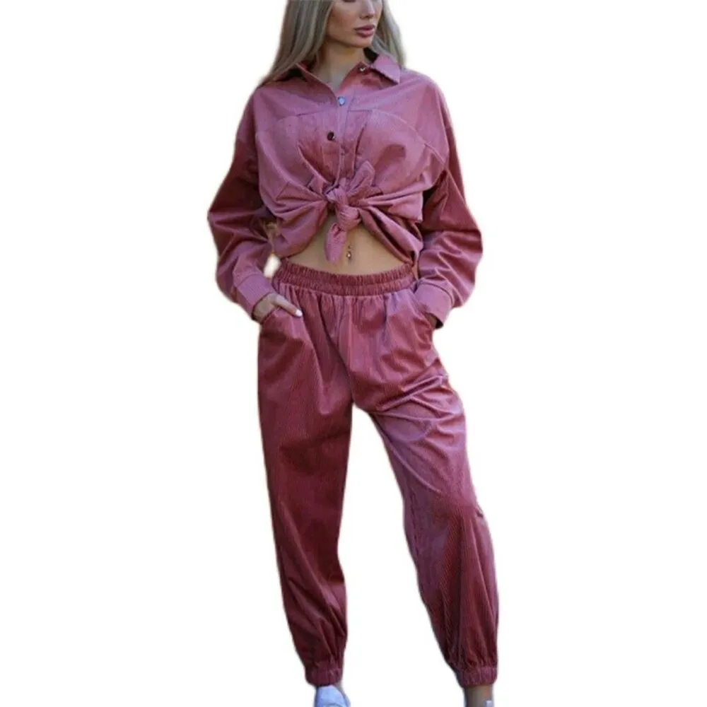 Wenkouban Women's Tracksuit Corduroy  Pinstripe Single-Breasted Pocket Tops And Pants Women Suits