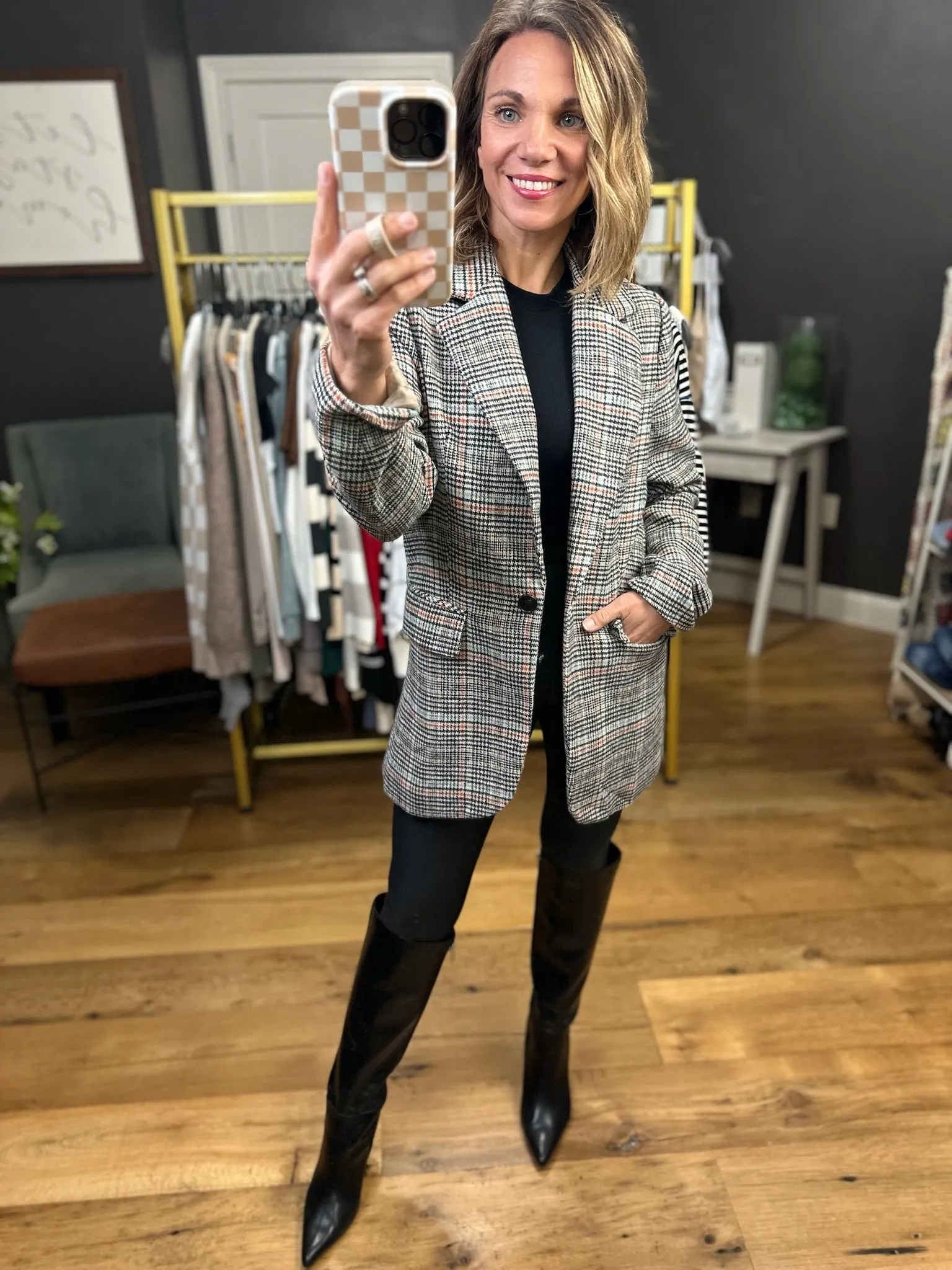 Where Things Are Going Plaid Pocket Blazer - Black Combo