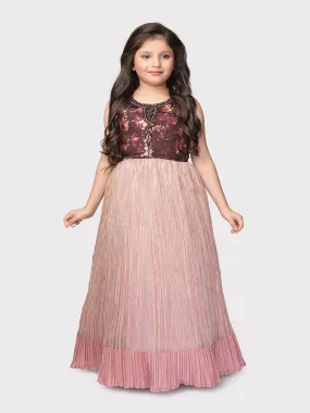 Wine Coloured Pleating Fabric Maxi Dress Gown For Girls