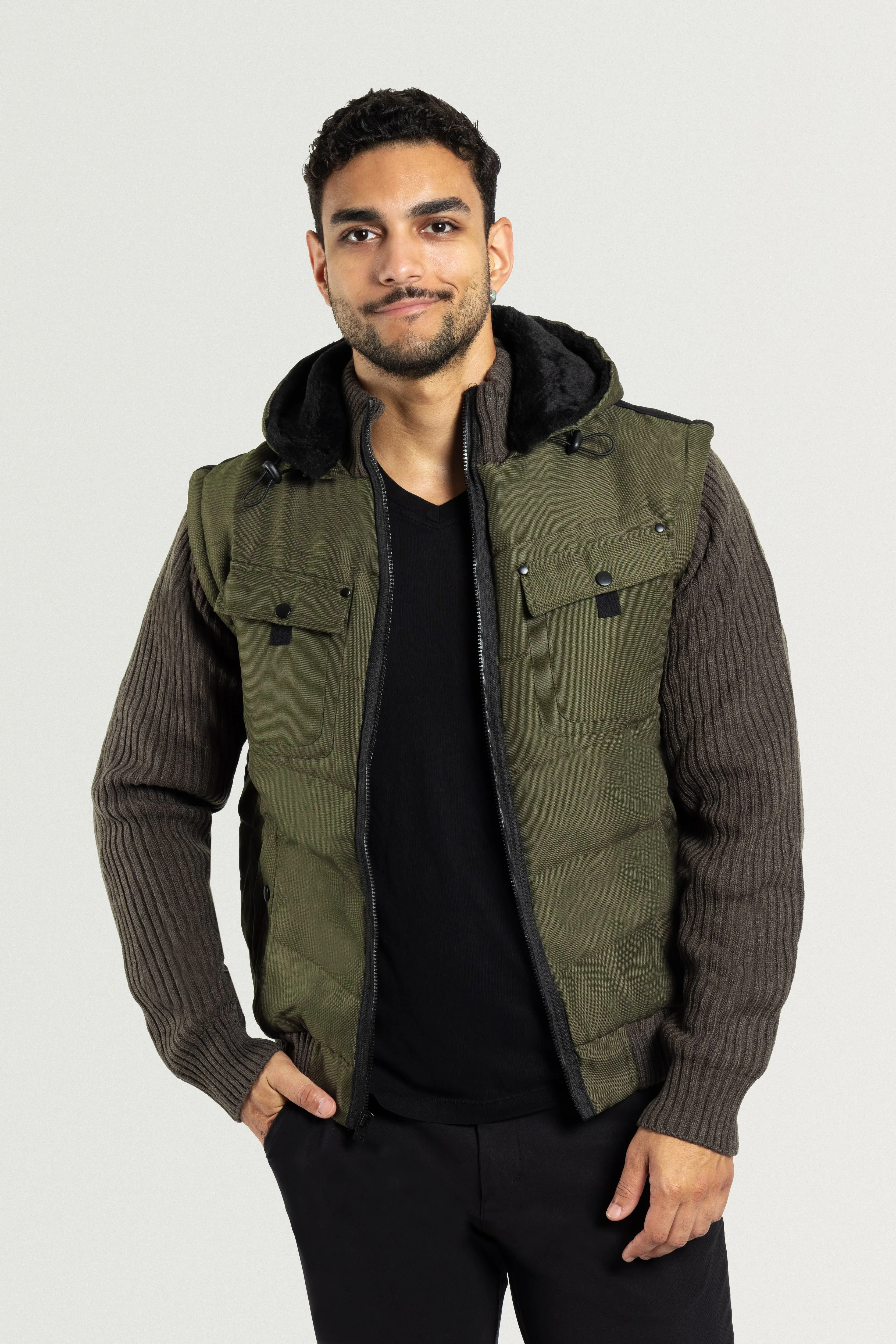 X RAY Men's Lightly Insulated Full Zip Hooded Vest Ribbed Sweater Jacket